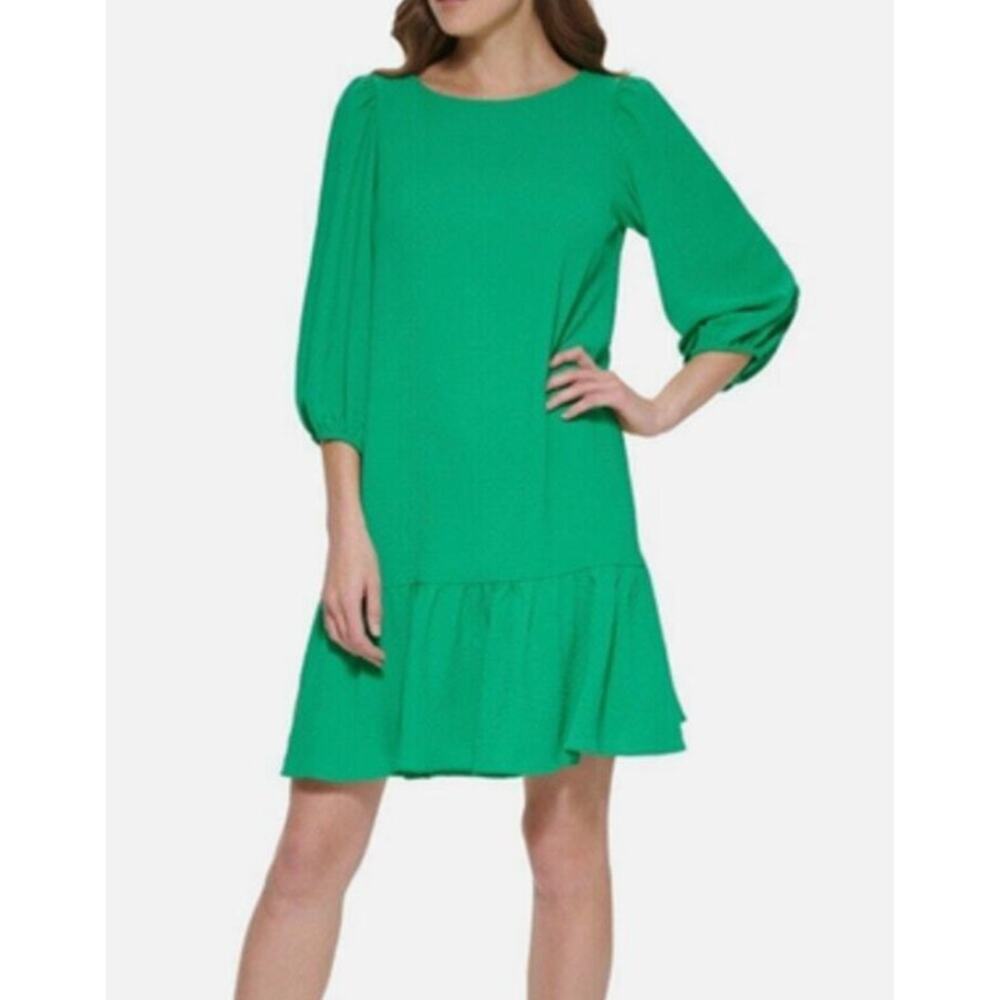 DKNY Green Drop Waist Ruffle Hem Dress Womens 4 Puff Sleeve